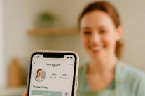 Smartphone-Bildschirm, dahinter Frau 